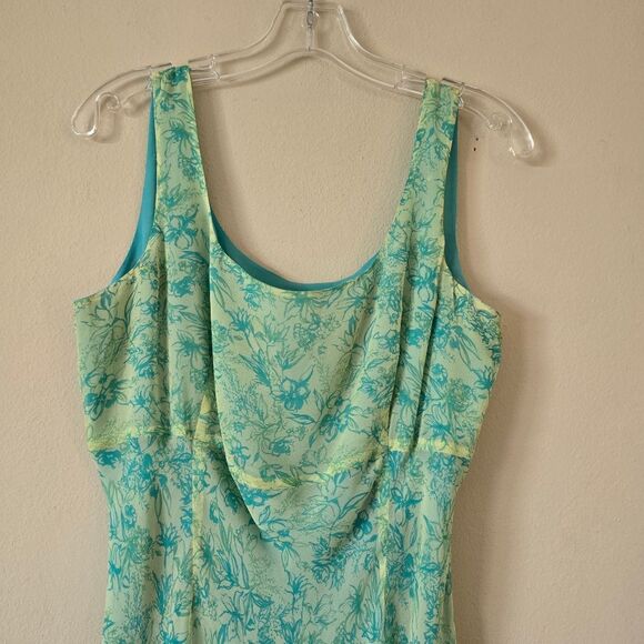 LA RUE 39 Floral Blue and Green Midi Dress Size 12P Y2K Fairycore 100% Silk - Picture 2 of 9